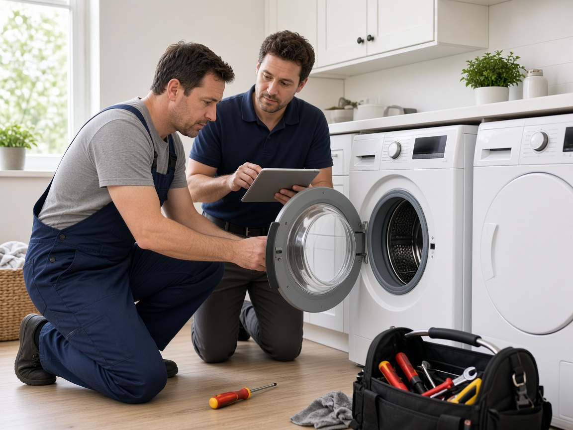 Technicians repairing a washing machine